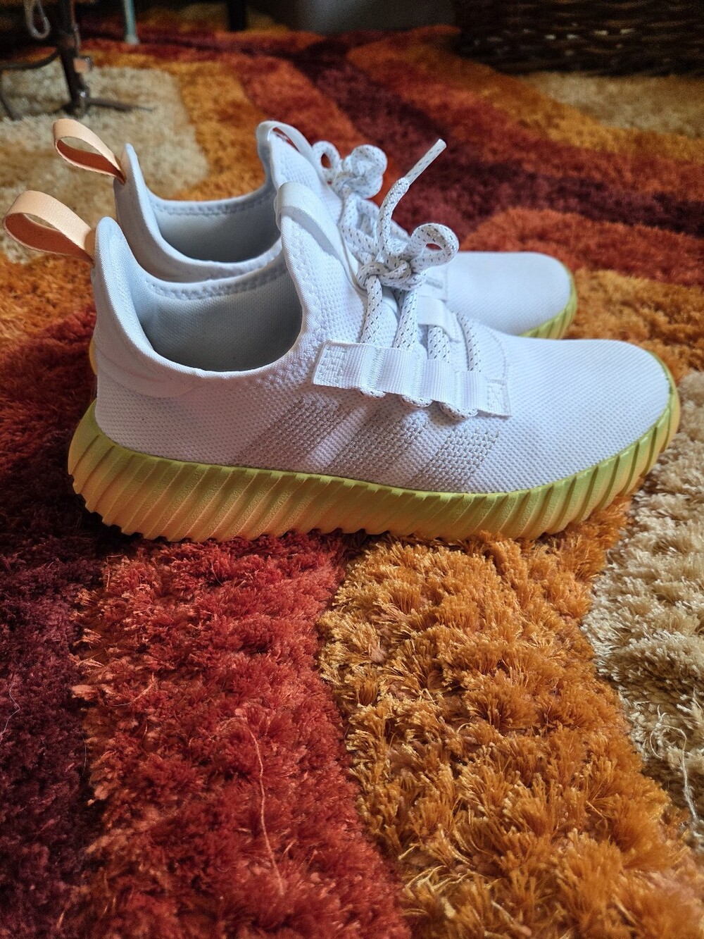 Womans White Adidas Athletic Sneakers with Yellow-Orange Sole